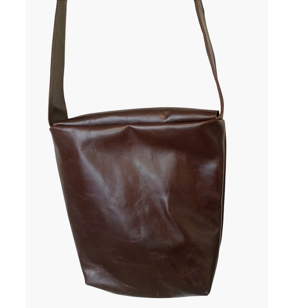 Handmade Brown Leather Crossbody Bag Raw Edge Flap Striped Lining By Dorthea - Picture 3 of 9